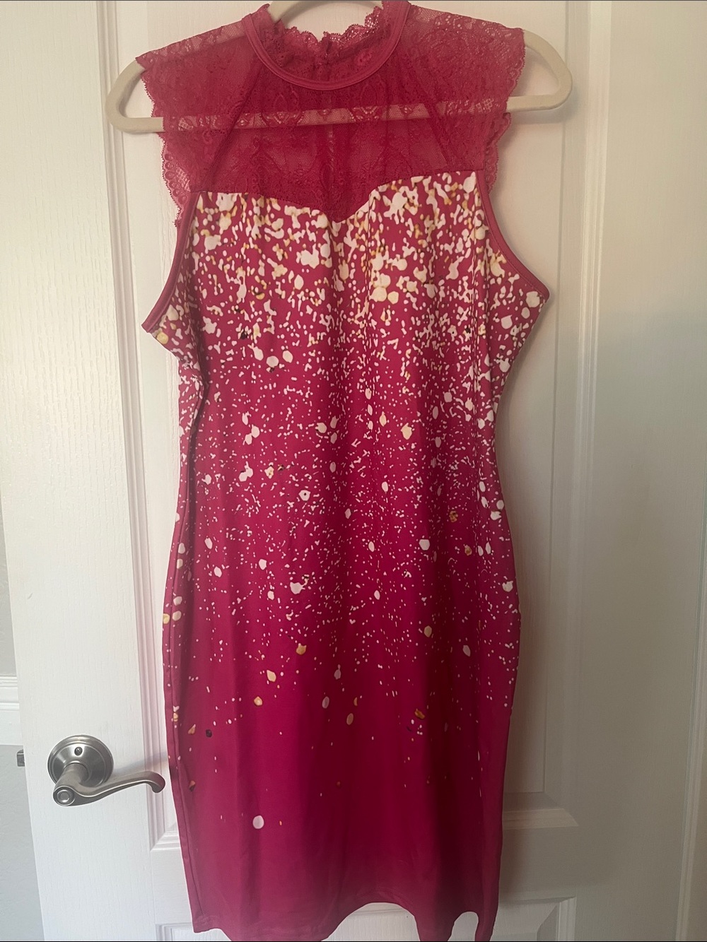 Lace Yoke Fuchsia Splatter Midi Dress